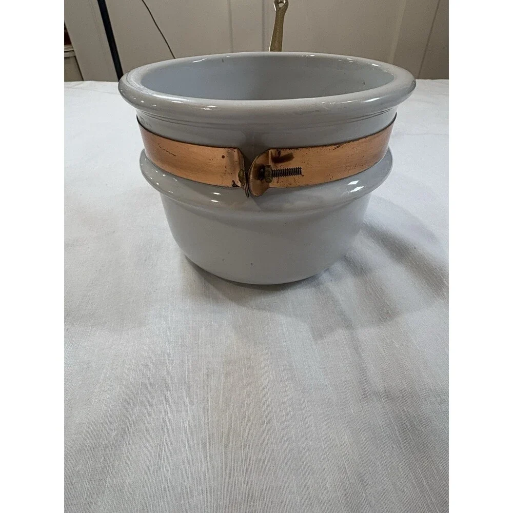 Vintage White Stoneware Double Boiler Pot Insert Copper & Brass Handle 1.5 QT